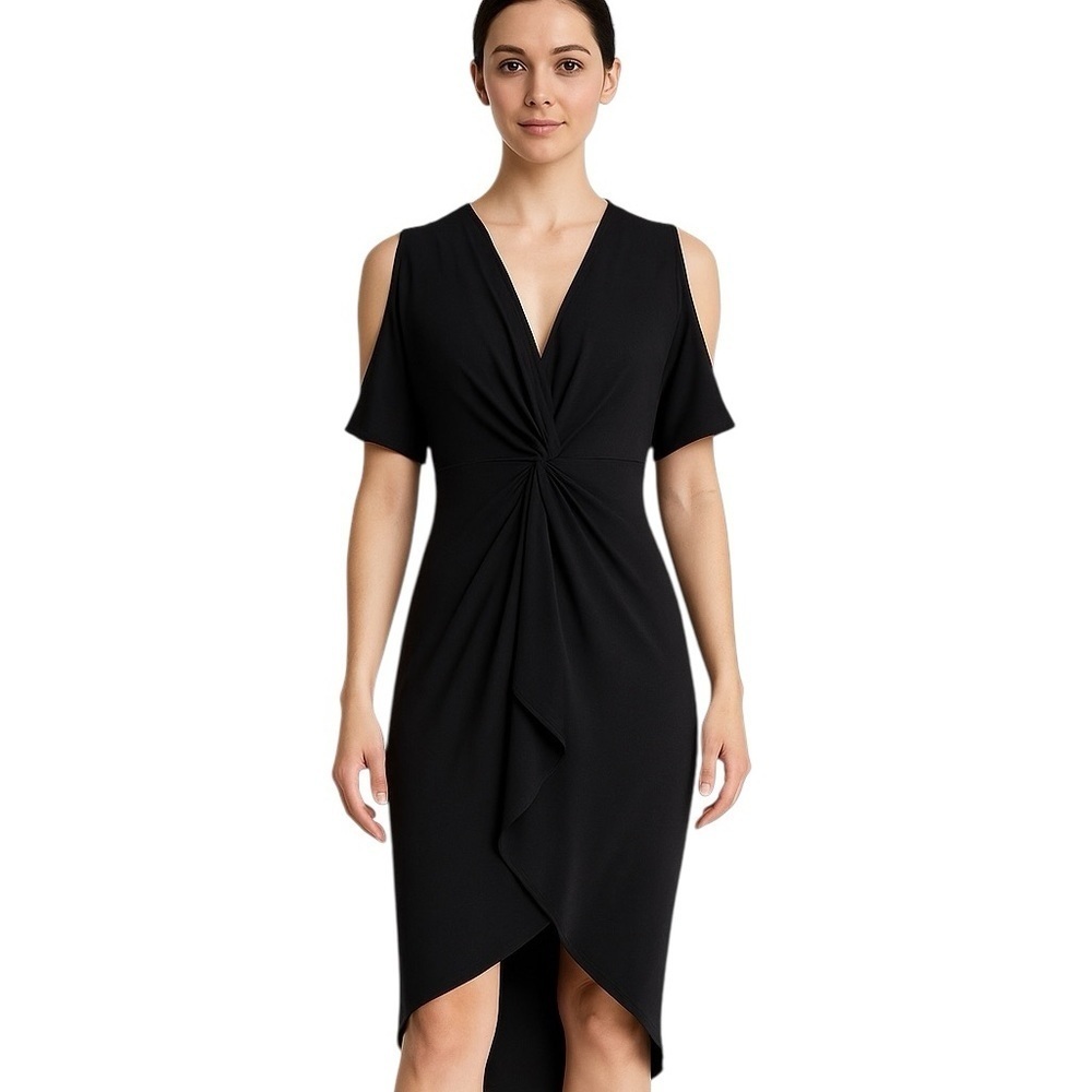 NWT Catherine Malandrino  Size 6 Black Plunging Neck Twist Dress Knee Length LBD
